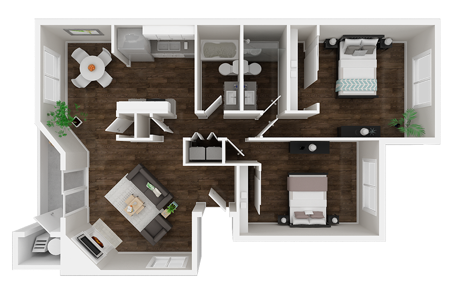 Floor plan for 2 beds, 2 baths, 951 sqft